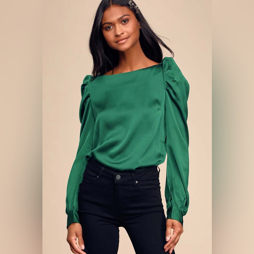 Lulus Love You Dearly Forest Green Satin Long Sleeve Top